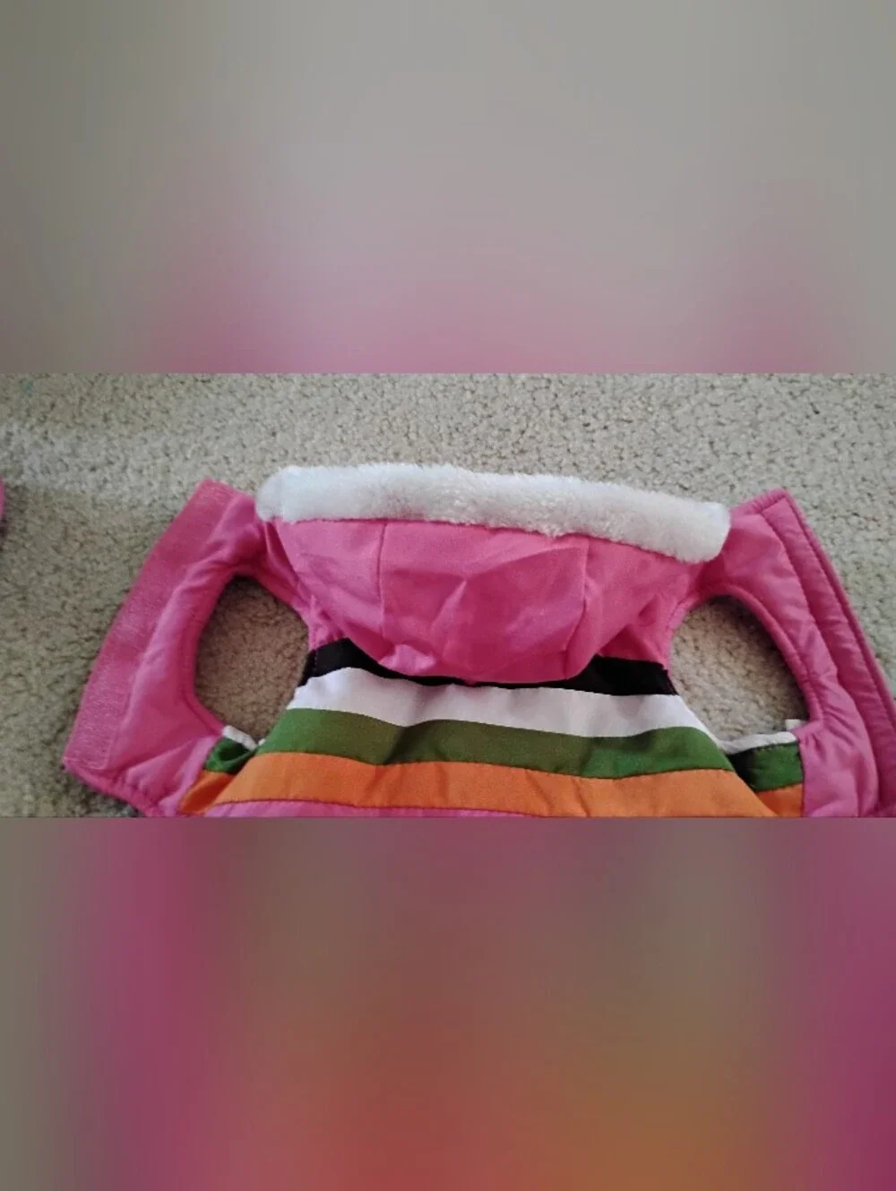 Brand New, Never Worn Pink Hooded Pet Jacket with Multicolor Stripes - Size XXS